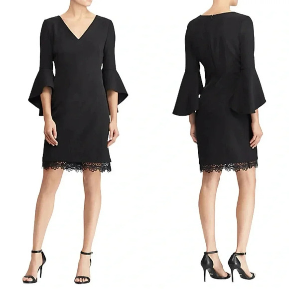 RALPH LAUREN Black Knee Length Sheath Dress Bell Sleeve V-neck Lace Hem Formal 4 - Picture 1 of 10